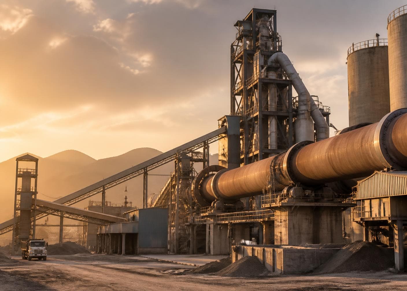 Cement manufacturing plant with rotary kiln at golden hour