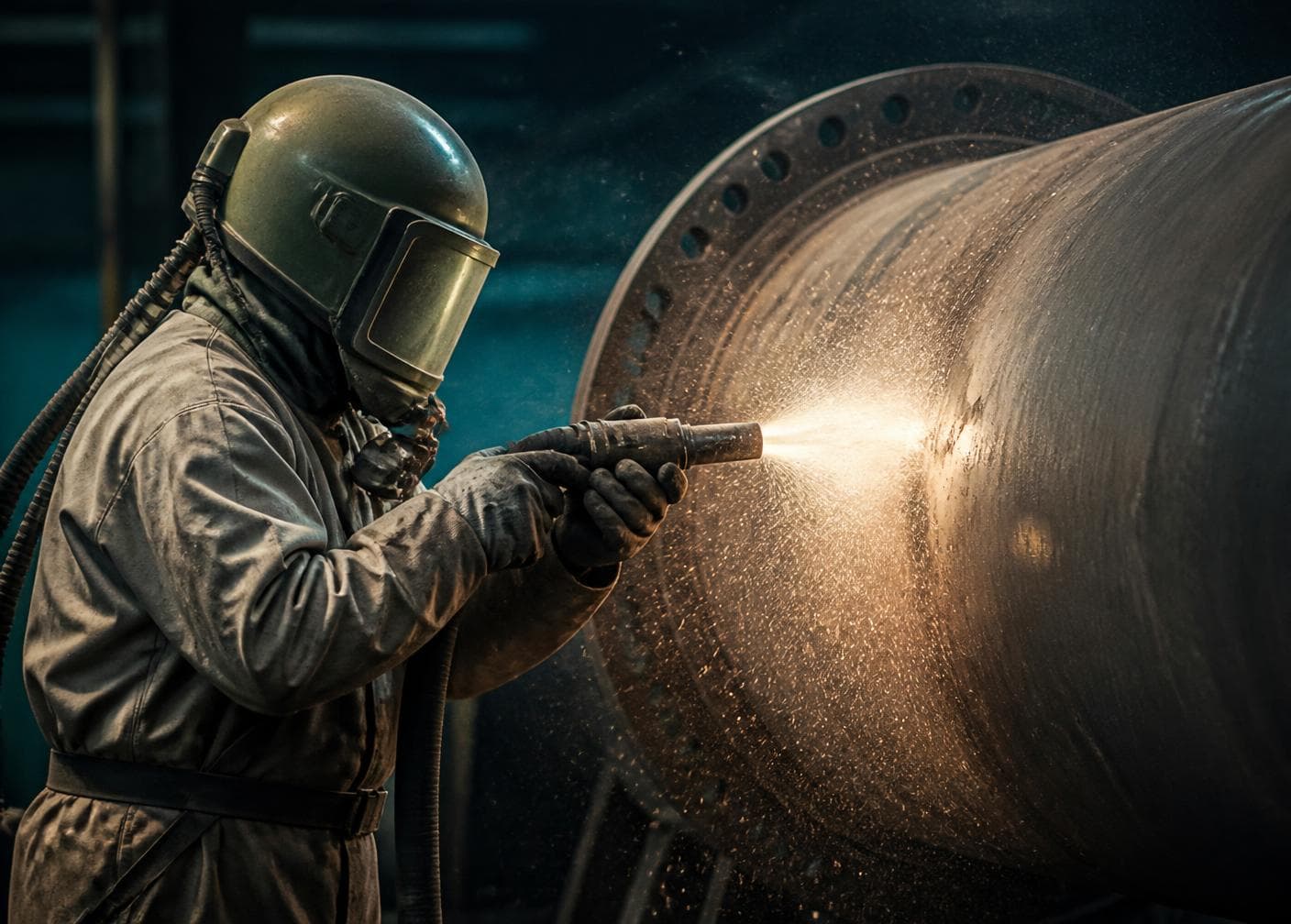 Surface preparation work on industrial steel