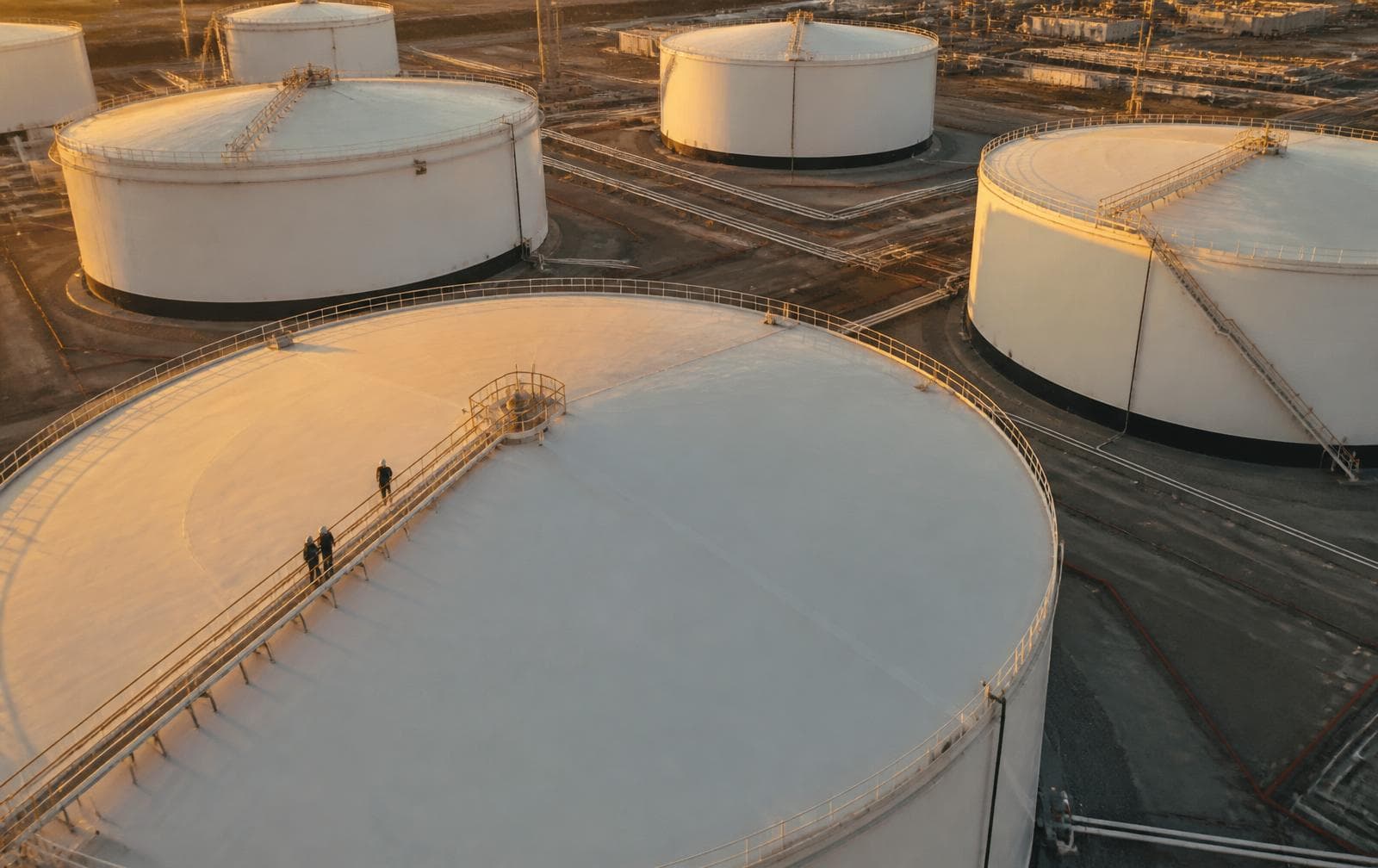 Aerial view of a crude oil storage tank farm at golden hour